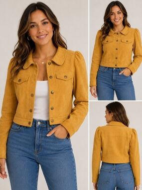 Soho Apparel Mustard Faux Suede Jacket Size L Cropped Snap Button Coat Puff Slee